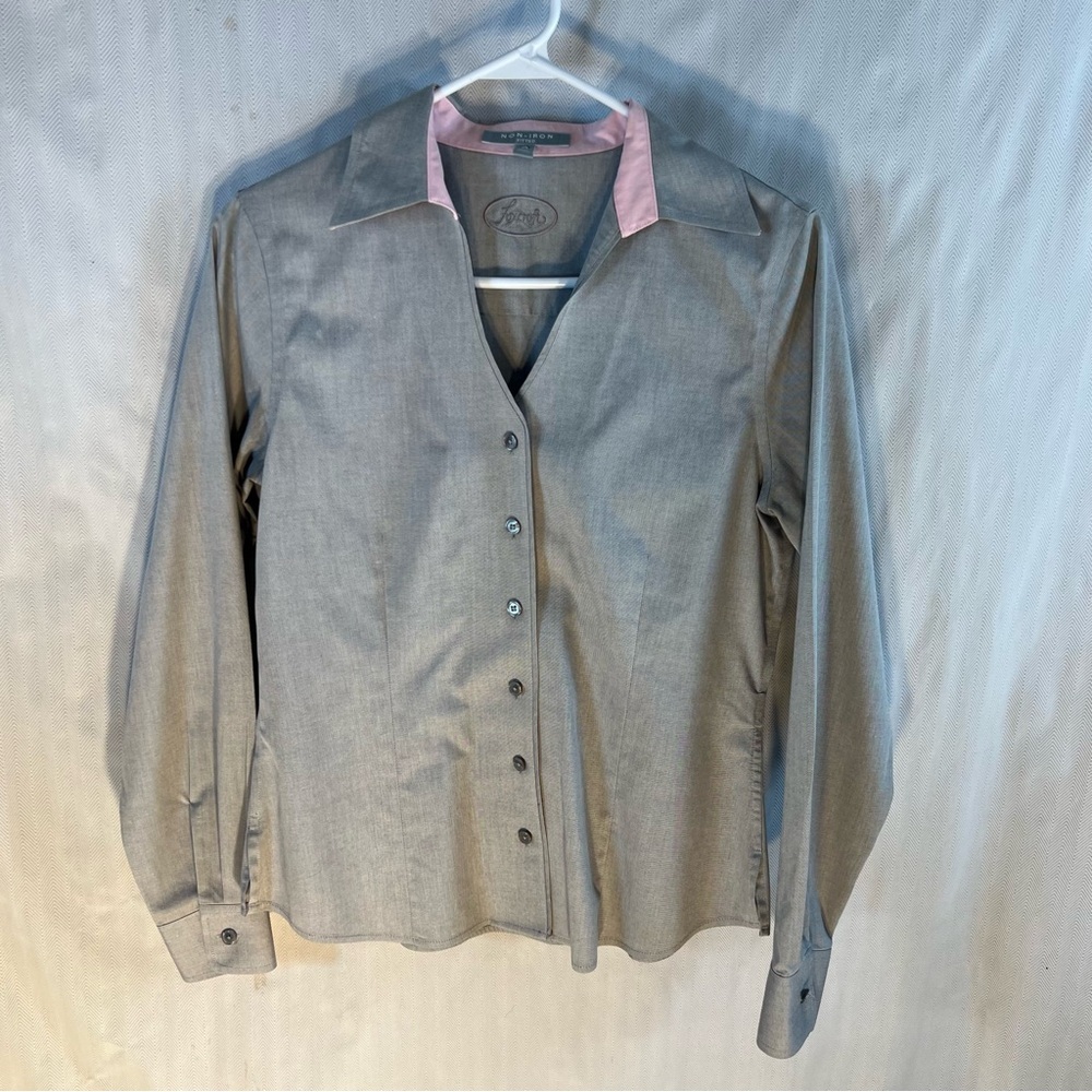 Foxcroft Gray Blouse Non Iron Fitted Button Down Notch Neckline W/Collar 4 👍